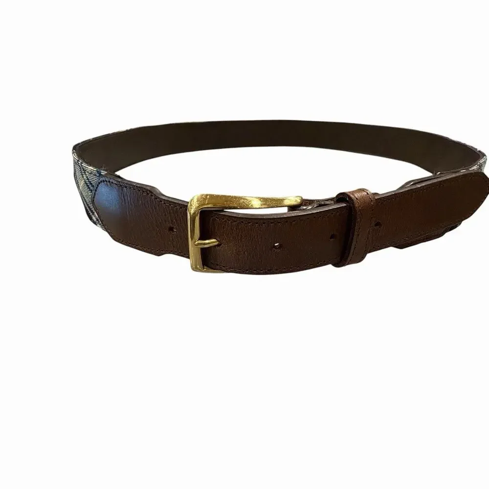 F.H. Wadsworth NYC Brown Leather Brass Belt Wool Tartan Plaid Green Yellow 38